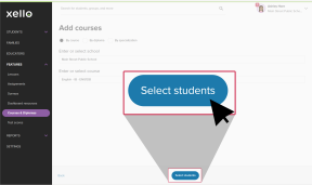 Add courses page. The "By course" button is selected. A school and course have been entered. The "Select students" button is highlighted with a cursor selecting it